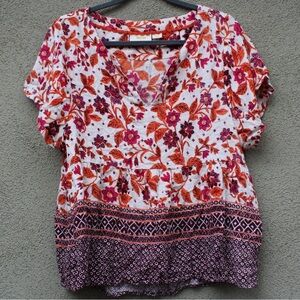 Anthropologie Maeve Floral Leaf Print Short Sleeve Blouse Womens Large